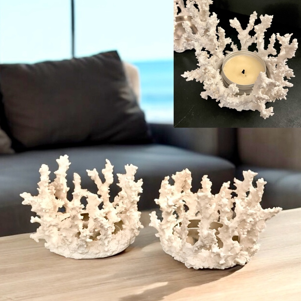 Pair 2 Pottery Barn Faux Coral White Pillar Candle Holders 6" Beach Tropical